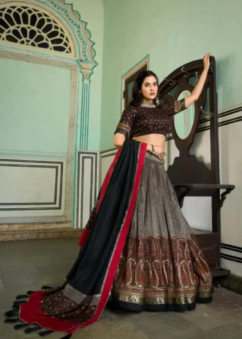 Grey Colour Tussar Silk Kashmiri Printed Lehenga Choli