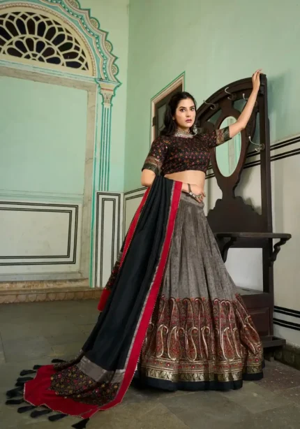 Grey Colour Tussar Silk Kashmiri Printed Lehenga Choli