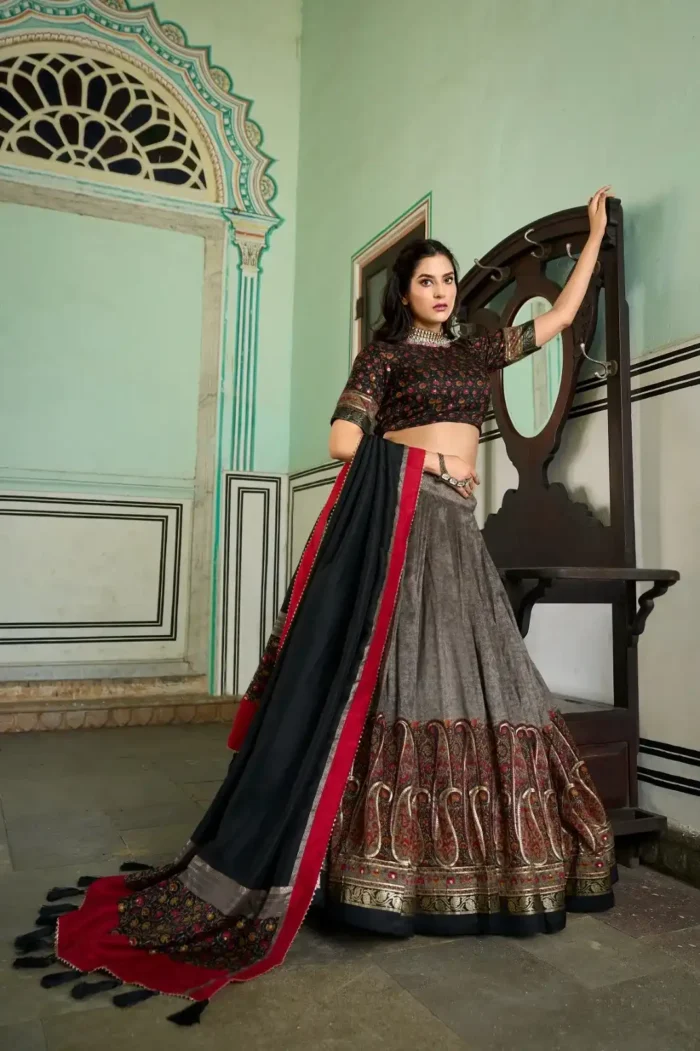 Grey Colour Tussar Silk Kashmiri Printed Lehenga Choli