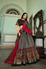 Grey Colour Tussar Silk Kashmiri Printed Lehenga Choli