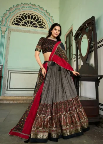 Grey Colour Tussar Silk Kashmiri Printed Lehenga Choli