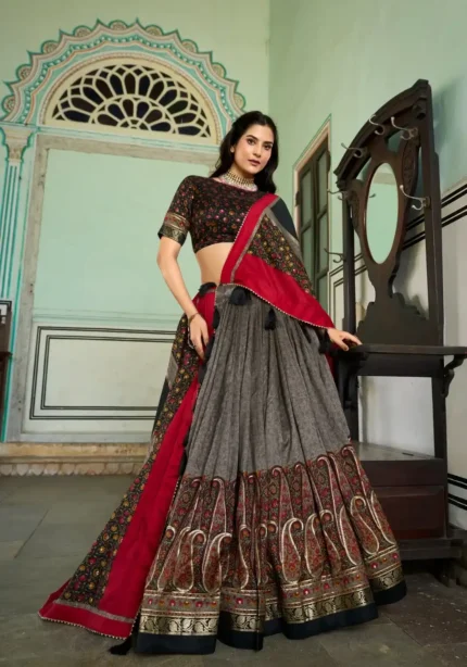 Grey Colour Tussar Silk Kashmiri Printed Lehenga Choli