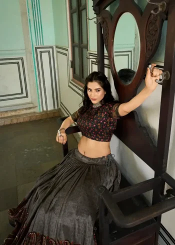 Grey Colour Tussar Silk Kashmiri Printed Lehenga Choli