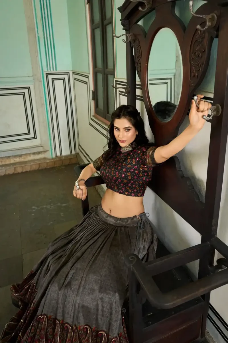 Grey Colour Tussar Silk Kashmiri Printed Lehenga Choli