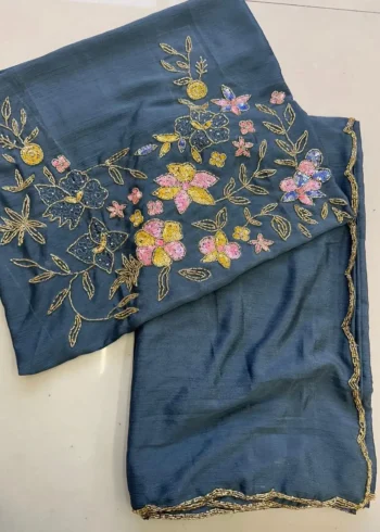 Heavy Khatli Work Border Soft Chinon Silk Saree