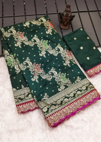 Heavy Multi Stitched Border Work Dola Silk Bridal Saree
