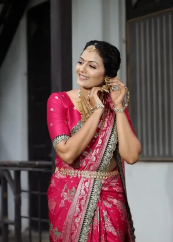Heavy Multi Stitched Border Work Dola Silk Bridal Saree