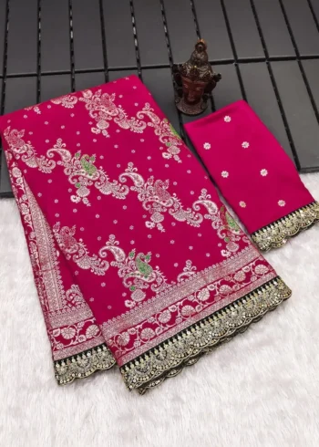 Heavy Multi Stitched Border Work Dola Silk Bridal Saree