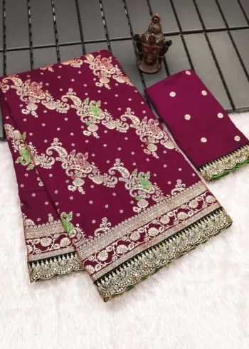 Heavy Multi Stitched Border Work Dola Silk Bridal Saree
