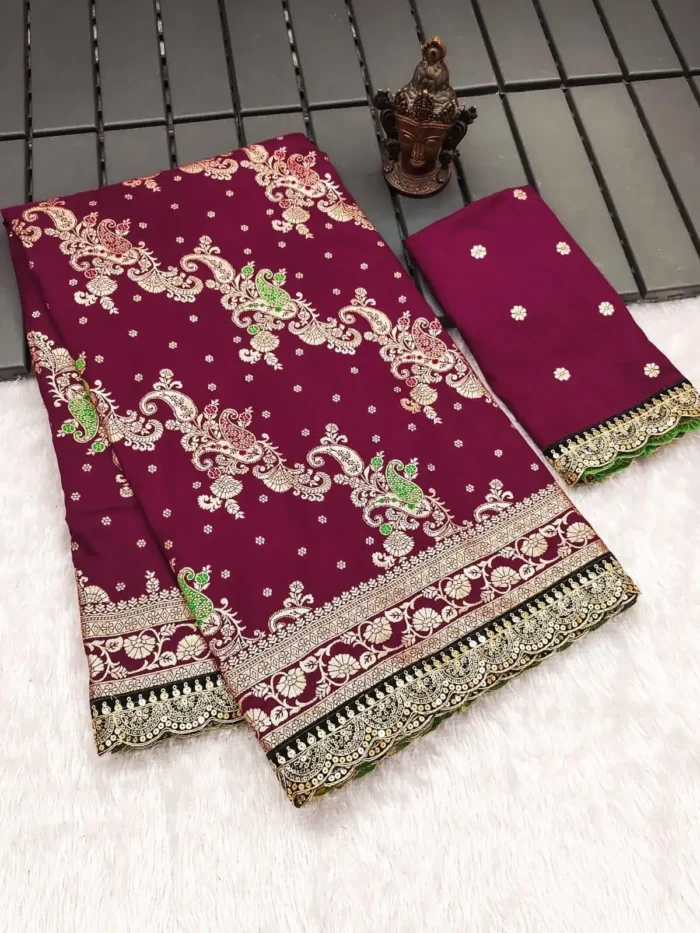 Heavy Multi Stitched Border Work Dola Silk Bridal Saree