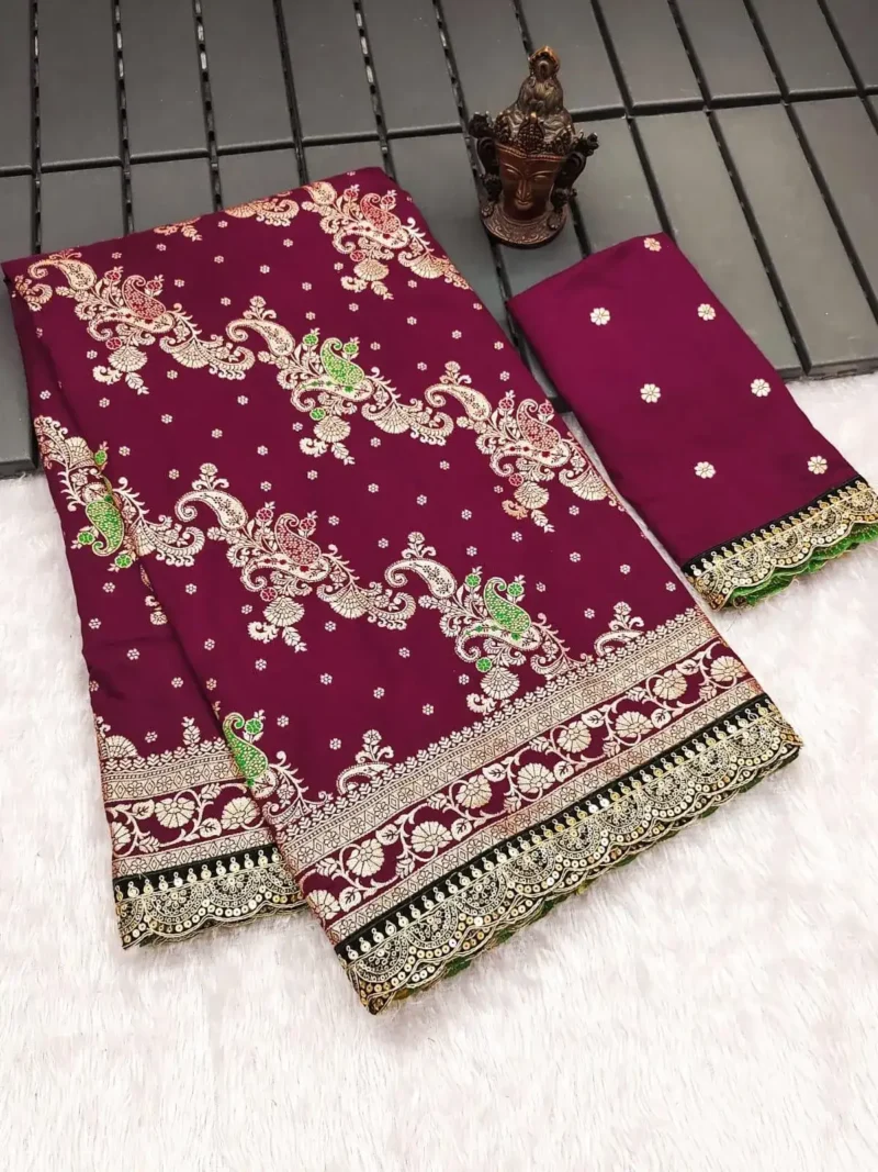 Heavy Multi Stitched Border Work Dola Silk Bridal Saree