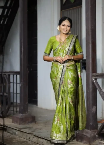 Heavy Multi Stitched Border Work Dola Silk Bridal Saree