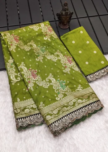 Heavy Multi Stitched Border Work Dola Silk Bridal Saree