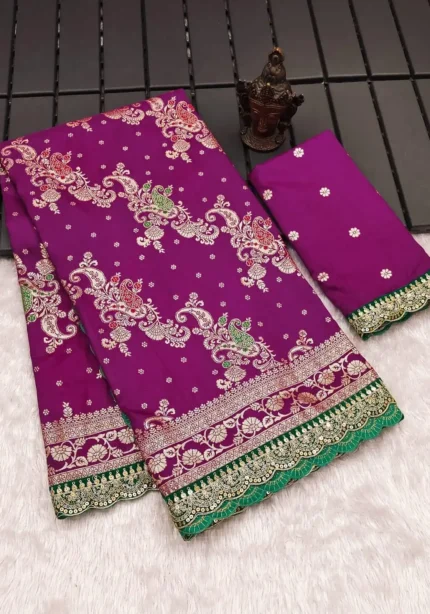 Heavy Multi Stitched Border Work Dola Silk Bridal Saree