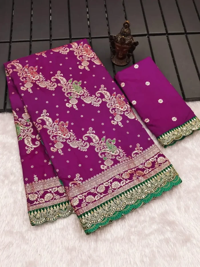 Heavy Multi Stitched Border Work Dola Silk Bridal Saree