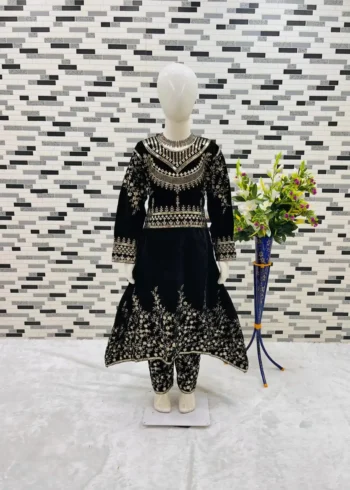 Heavy Sequins Embroidered Viscose Velvet Kids Gown with pant