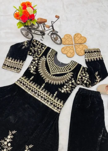 Heavy Sequins Embroidered Viscose Velvet Kids Gown with pant