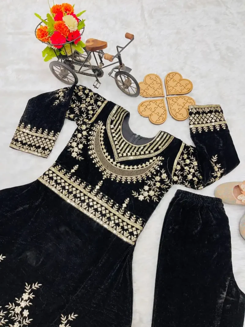 Heavy Sequins Embroidered Viscose Velvet Kids Gown with pant