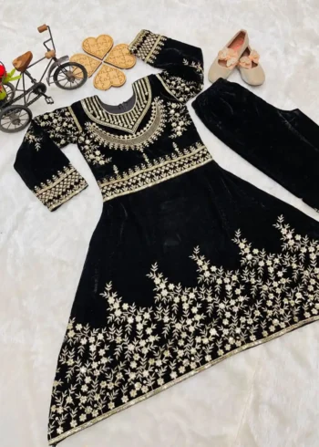 Heavy Sequins Embroidered Viscose Velvet Kids Gown with pant