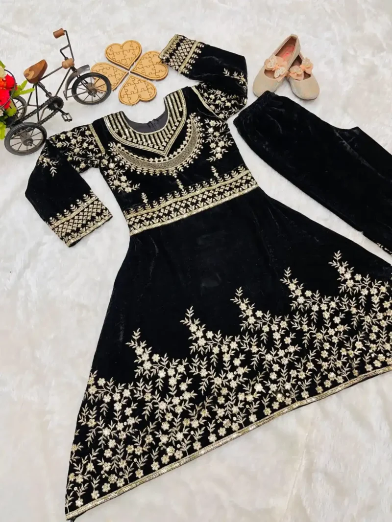 Heavy Sequins Embroidered Viscose Velvet Kids Gown with pant