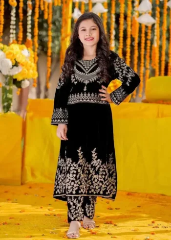 Heavy Sequins Embroidered Viscose Velvet Kids Gown with pant