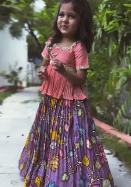 Kalamkari Printed Chinon Silk Embroidered Kids Lehenga Choli