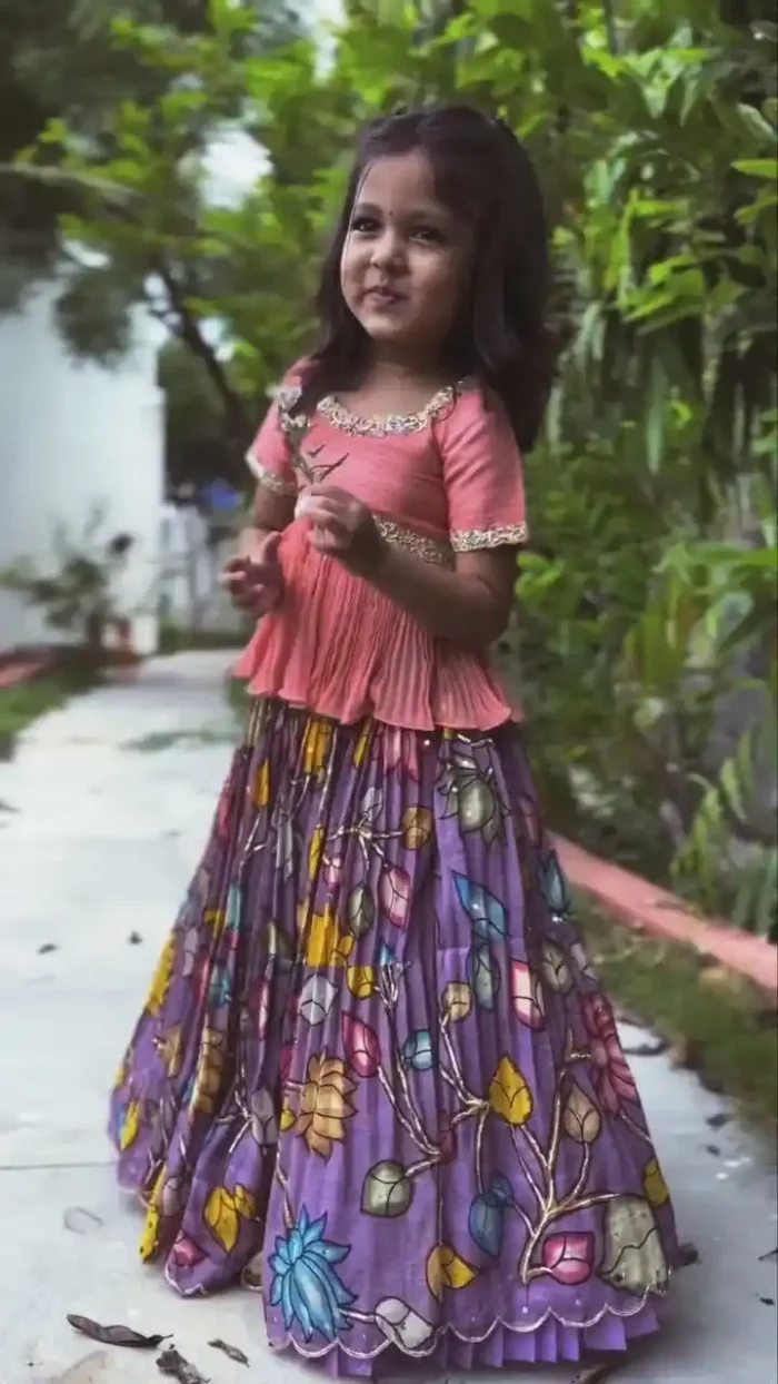 Kalamkari Printed Chinon Silk Embroidered Kids Lehenga Choli