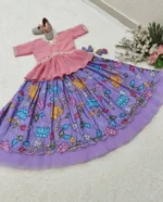 Kalamkari Printed Chinon Silk Embroidered Kids Lehenga Choli