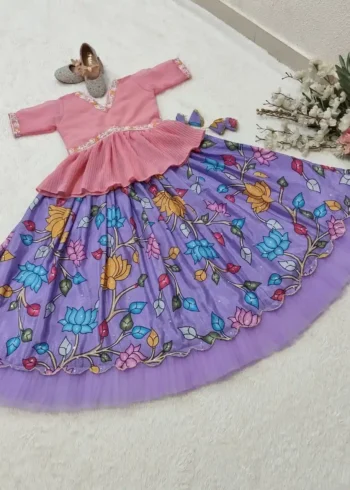 Kalamkari Printed Chinon Silk Embroidered Kids Lehenga Choli