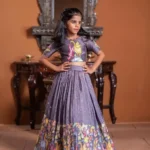 Lavender & Purple Kalamkari Printed Handwork Lehenga for kids