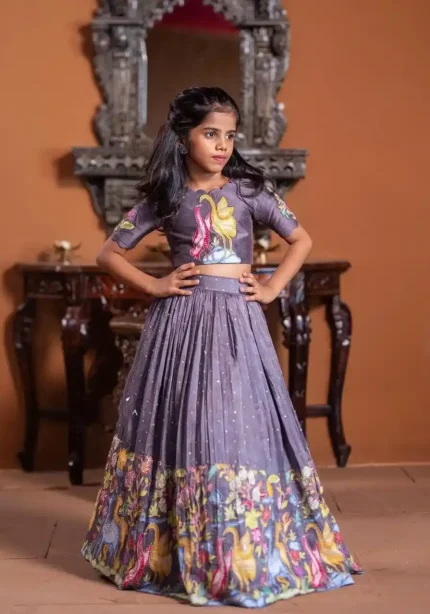 Lavender & Purple Kalamkari Printed Handwork Lehenga for kids