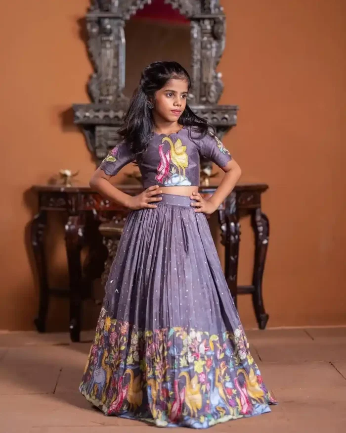 Lavender & Purple Kalamkari Printed Handwork Lehenga for kids