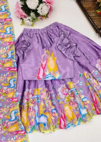 Lavender & Purple Kalamkari Printed Handwork Lehenga for kids