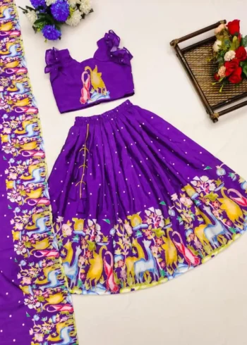 Lavender & Purple Kalamkari Printed Handwork Lehenga for kids