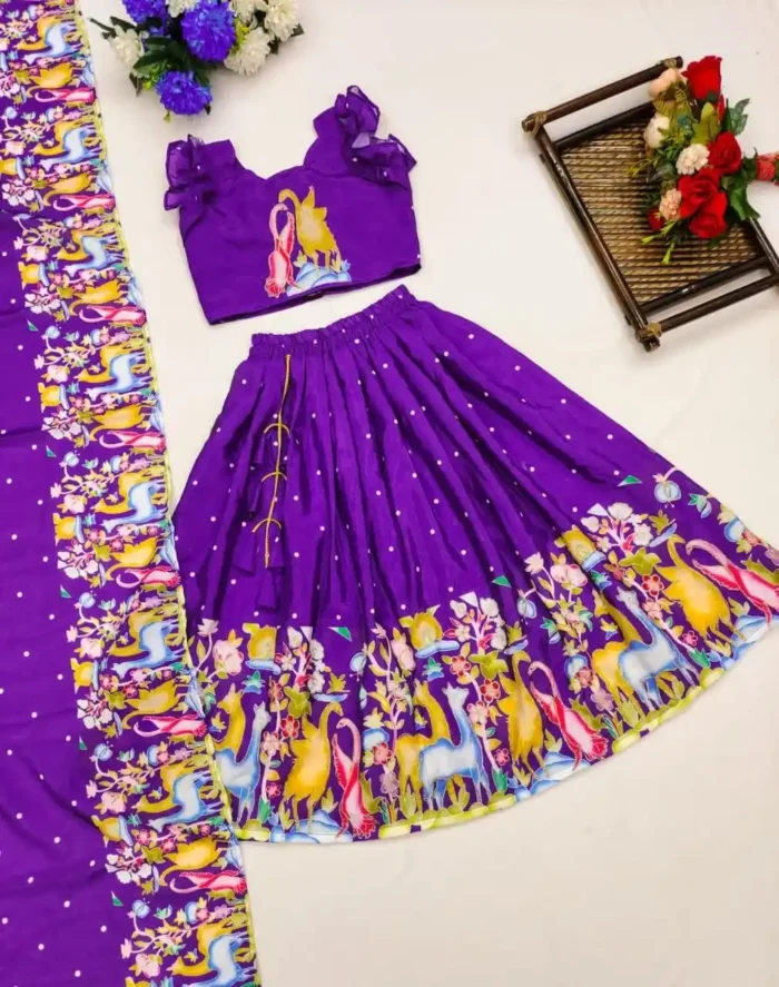 Lavender & Purple Kalamkari Printed Handwork Lehenga for kids