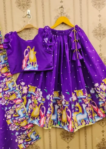 Lavender & Purple Kalamkari Printed Handwork Lehenga for kids