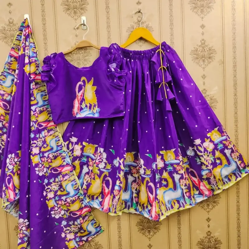 Lavender & Purple Kalamkari Printed Handwork Lehenga for kids
