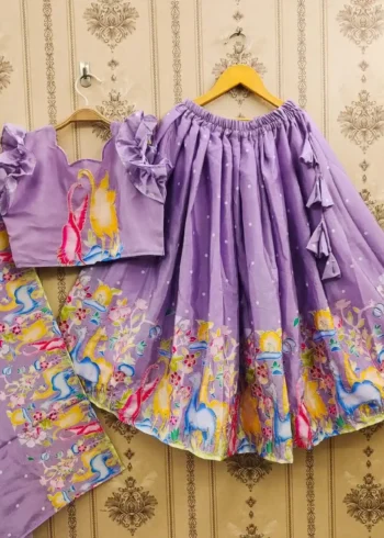 Lavender & Purple Kalamkari Printed Handwork Lehenga for kids