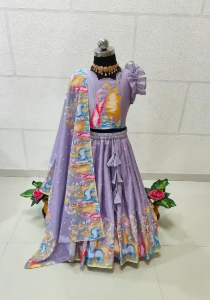 Lavender & Purple Kalamkari Printed Handwork Lehenga for kids