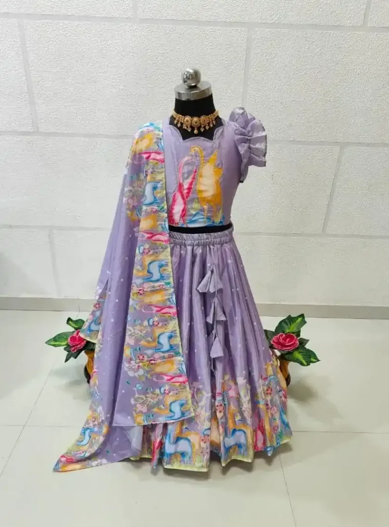 Lavender & Purple Kalamkari Printed Handwork Lehenga for kids
