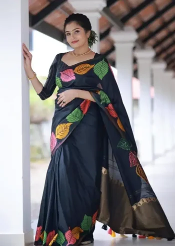 Leaf Pattern Zari Woven Banarasi Silk Saree