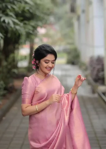 Light Pink Golden Zari Weaving Wedding Silk Saree