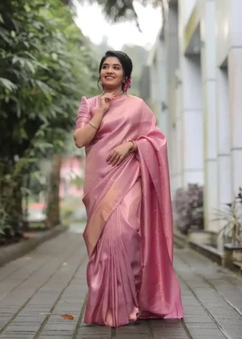 Light Pink Golden Zari Weaving Wedding Silk Saree