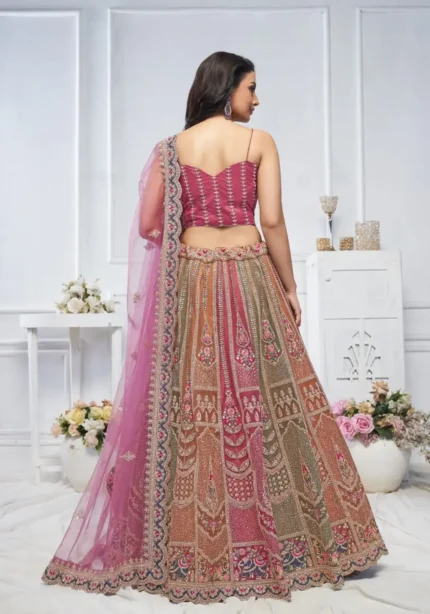 Majestic Multi Colour Zari Weaving Net Bridal Lehenga Choli