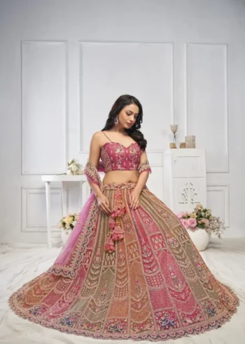 Majestic Multi Colour Zari Weaving Net Bridal Lehenga Choli