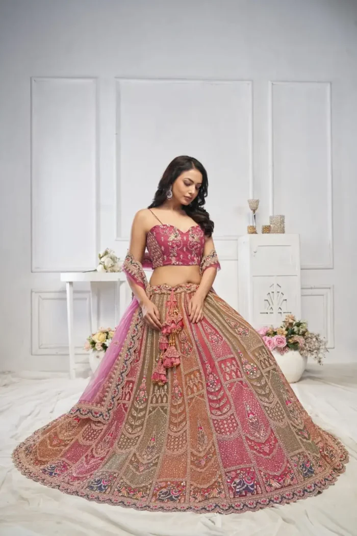 Majestic Multi Colour Zari Weaving Net Bridal Lehenga Choli