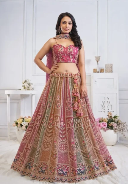 Majestic Multi Colour Zari Weaving Net Bridal Lehenga Choli