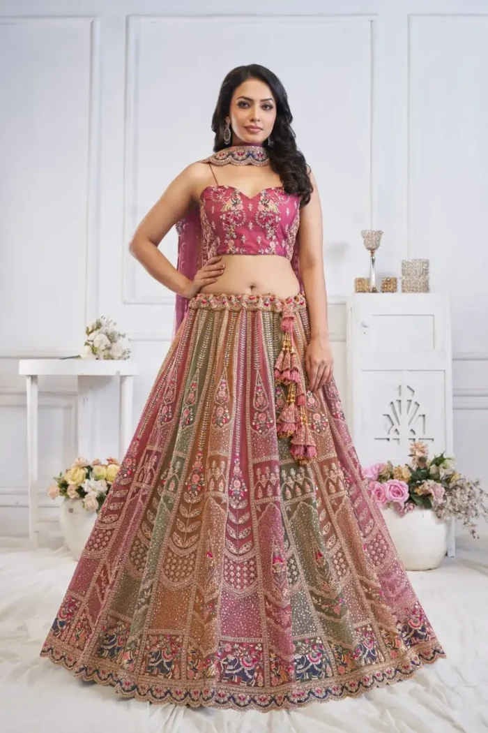 Majestic Multi Colour Zari Weaving Net Bridal Lehenga Choli