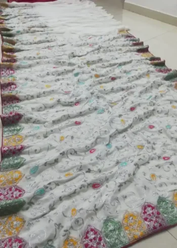 marble white vichitra silk heavy embroidered saree for wedding