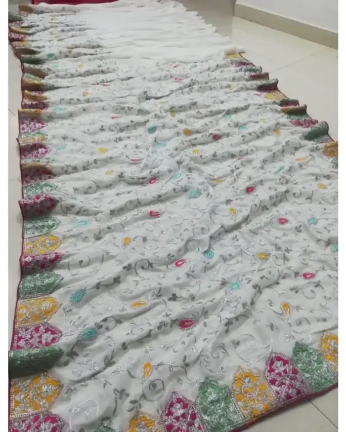 marble white vichitra silk heavy embroidered saree for wedding